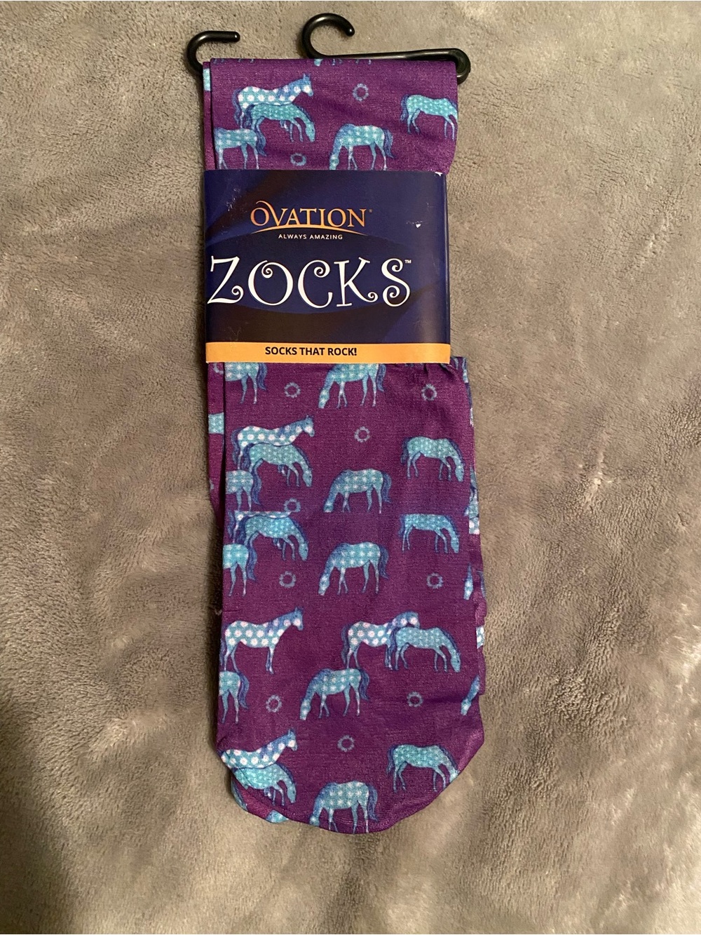 Ovation Zocks Purple Socks with Blue Horse Print - One Size